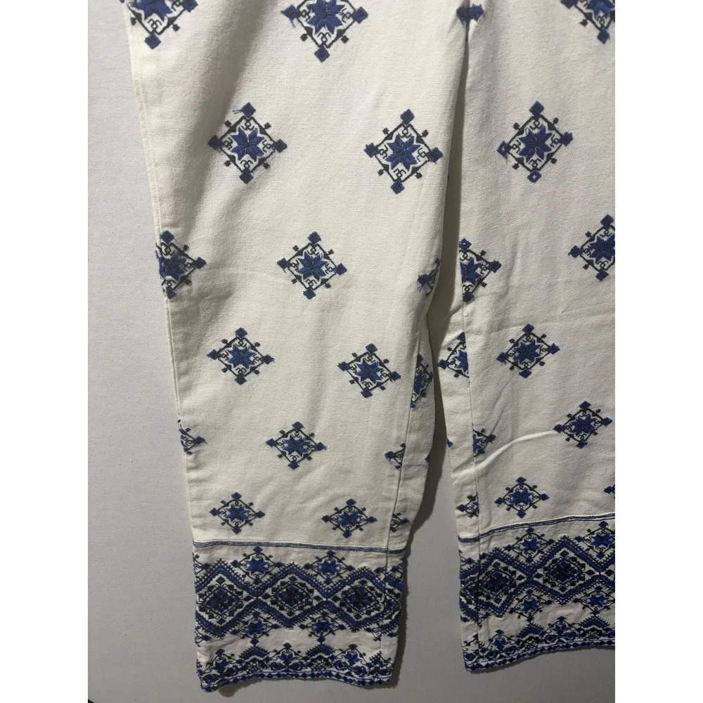 Mango White Blue Geometric Embroidered‎ Wide Leg Cropped Pants Size 4 NWT